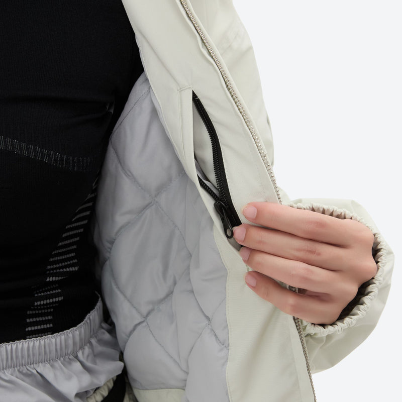 Sherpa collar breathable ski jacket set - white jacket, interior lining close-up with hand, for resort and street wear