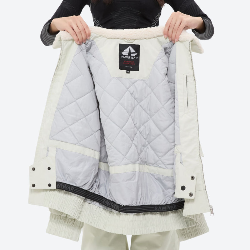 Unisex 3-layer snowboard jacket and pants - white jacket, interior lining open flat detail, for resort and street wear