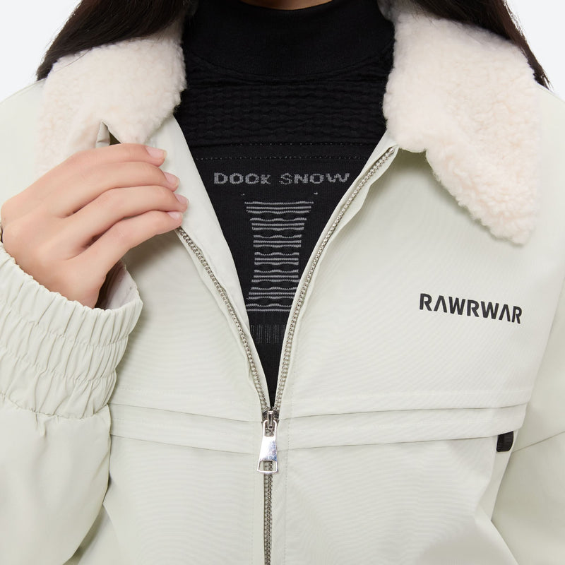 Unisex 3-layer snowboard jacket and pants - white jacket, collar close-up with hand, for skiing and snowboarding