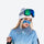 Cold weather face patches with ear loops - blue camo face patch on women in blue jacket with goggles, worn front view