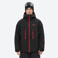 
                  
                    Men's waterproof 3L snow jacket and pants series - black jacket, on-model front view, for resort and backcountry days
                  
                