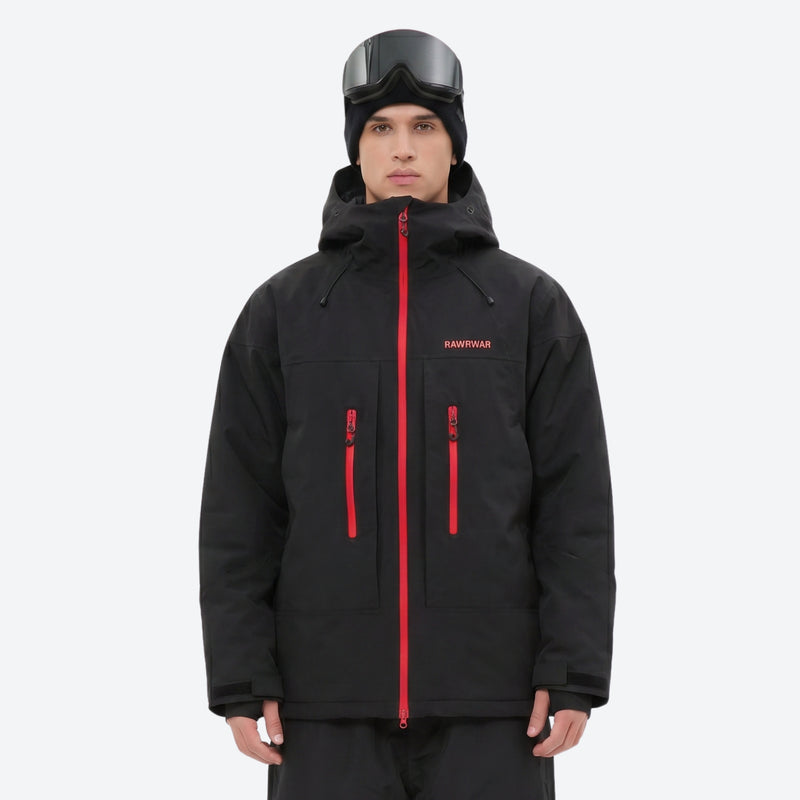 Men's waterproof 3L snow jacket and pants series - black jacket, on-model front view, for resort and backcountry days