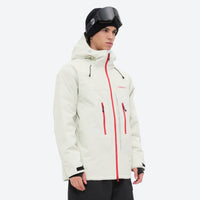 
                  
                    Men's 3-layer snowboard jacket and pants - white jacket, on-model three-quarter front view, for powder and piste riding
                  
                