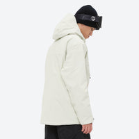 
                  
                    Men's 3-layer snowboard jacket and pants - white jacket, side view looking down, for resort and backcountry days
                  
                