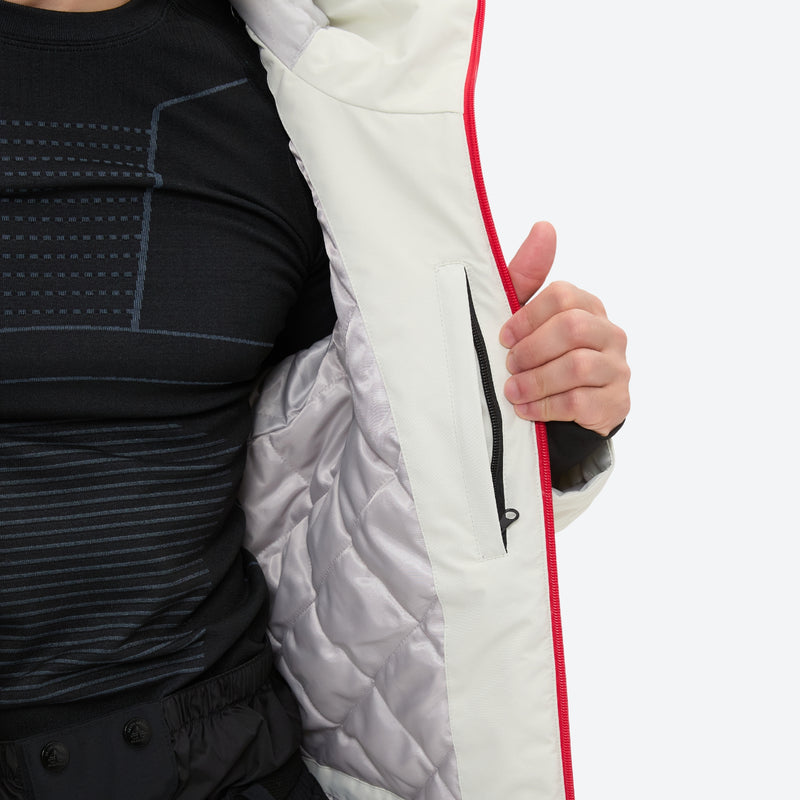 Breathable ski jacket with quilted lining - white jacket, interior lining close-up with hand, for resort and backcountry days