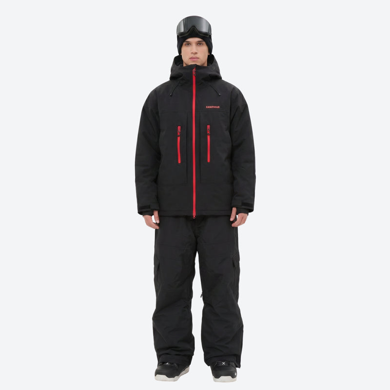 Men's waterproof 3L snow jacket and pants series - black jacket with black pants, for cold-weather winter sports