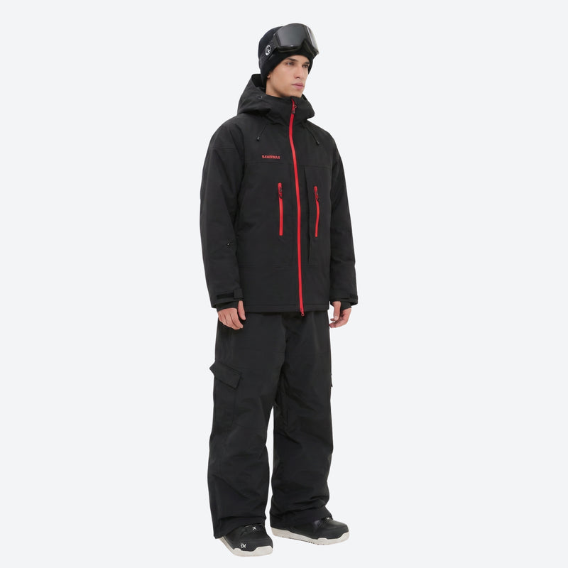 Men's breathable ski jacket with quilted lining - black jacket with black pants, for skiing and snowboarding