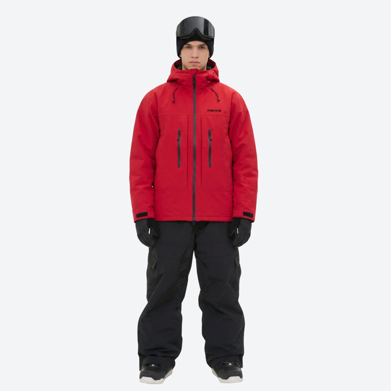 Men's breathable ski jacket with quilted lining - red jacket with black pants, for cold-weather winter sports
