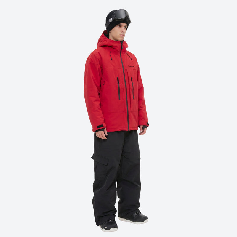 Men's 3-layer snowboard jacket and pants - red jacket with black pants, for skiing and snowboarding