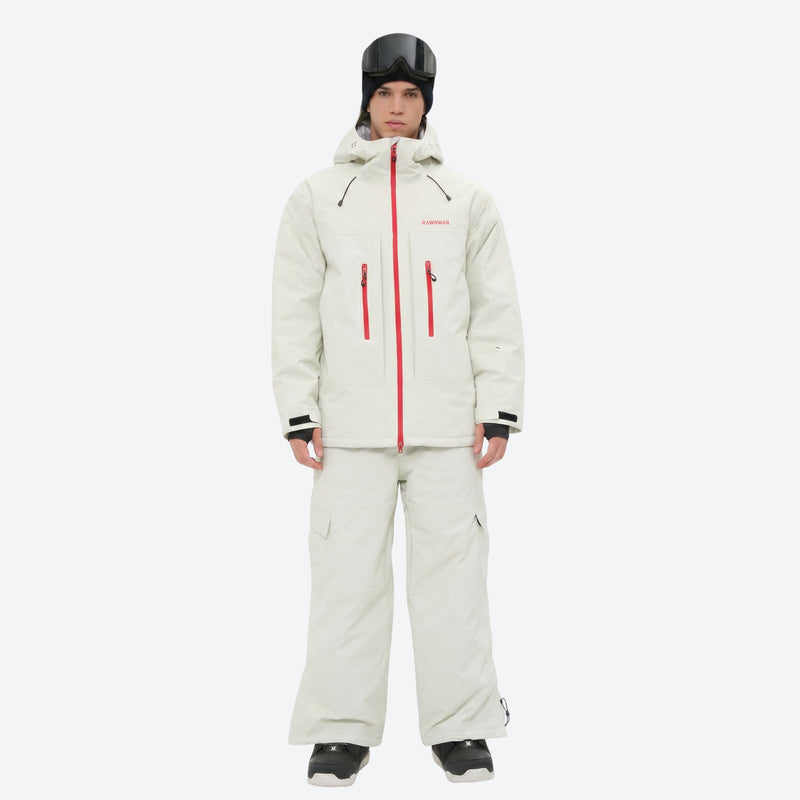 Men's 3-layer snowboard jacket and pants - white jacket with white pants, for skiing and snowboarding