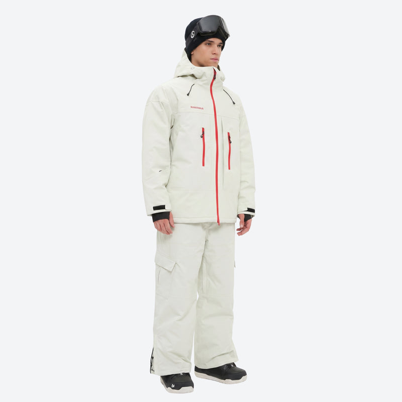 Men's waterproof 3L snow jacket and pants series - white jacket with white pants, for resort and backcountry days