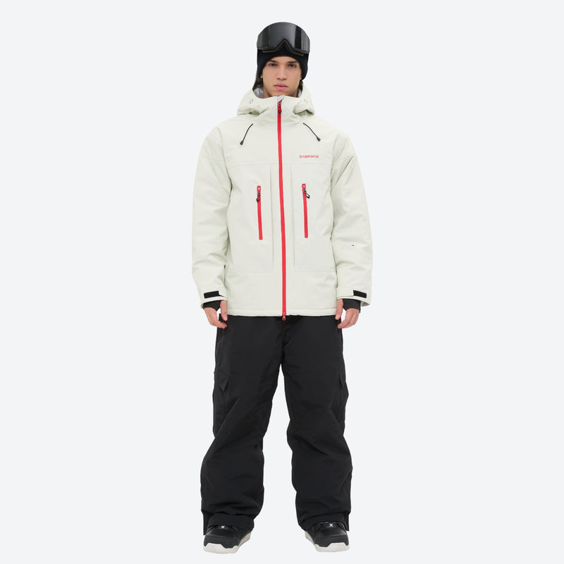 Men's 3-layer snowboard jacket and pants - white jacket with black pants, for cold-weather winter sports