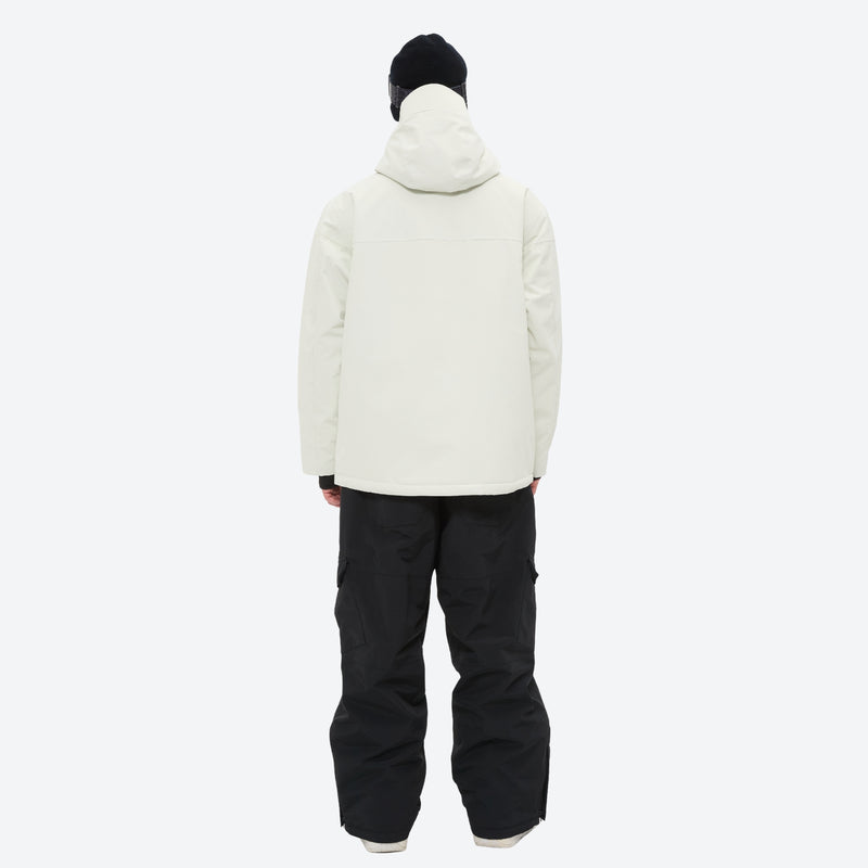 Men's 3-layer snowboard jacket and pants - white jacket with black pants, on-model back view, for powder and piste riding