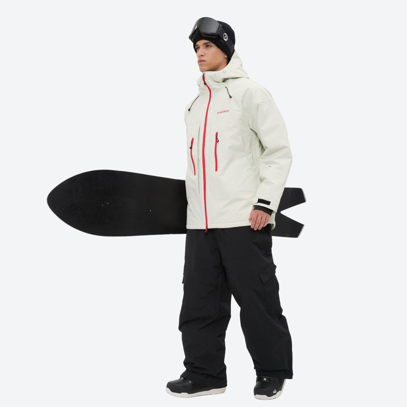 Men's breathable ski jacket with quilted lining - white jacket with black pants, for powder and piste riding