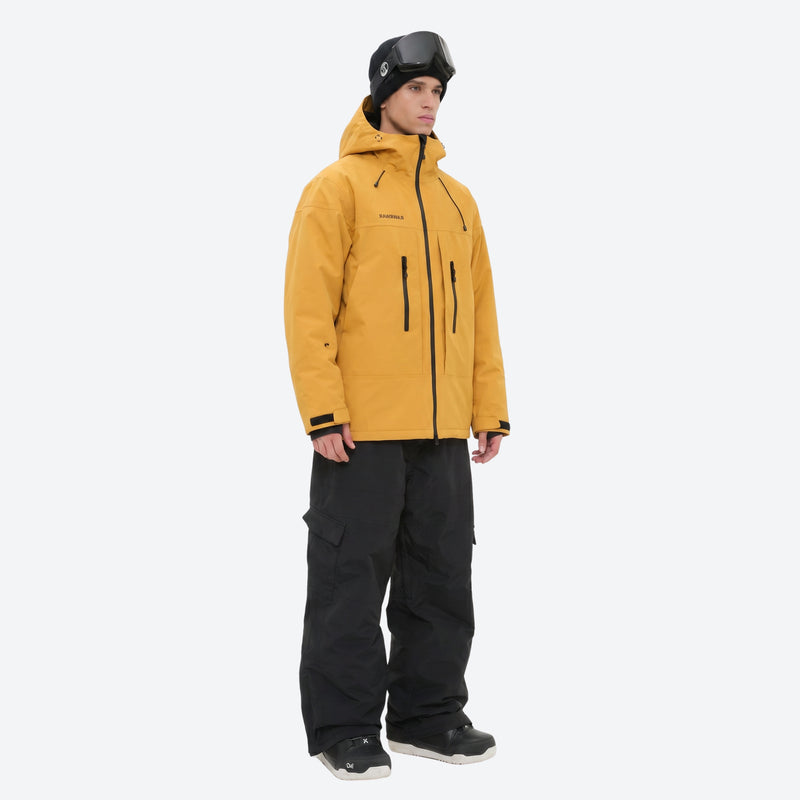 Men's breathable ski jacket with quilted lining - mustard yellow jacket with black pants, for cold-weather winter sports