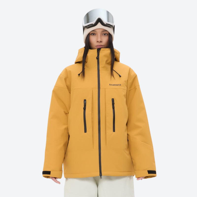 Unisex waterproof 3L snow jacket and pants series - mustard yellow jacket, on-model front view, for powder and piste riding