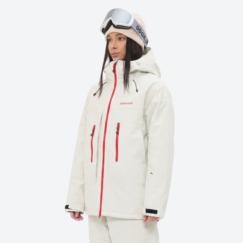 Unisex 3-layer snowboard jacket and pants - white jacket, on-model three-quarter front view, for powder and piste riding