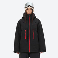 
                  
                    Unisex waterproof 3L snow jacket and pants series - black jacket, on-model front view, for powder and piste riding
                  
                