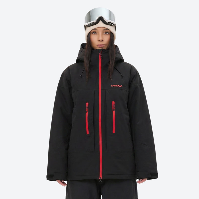 Unisex waterproof 3L snow jacket and pants series - black jacket, on-model front view, for powder and piste riding