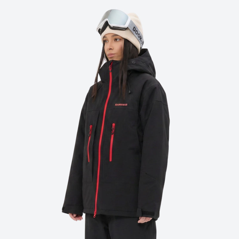 Breathable ski jacket with quilted lining - black jacket, on-model three-quarter front view, for cold-weather winter sports