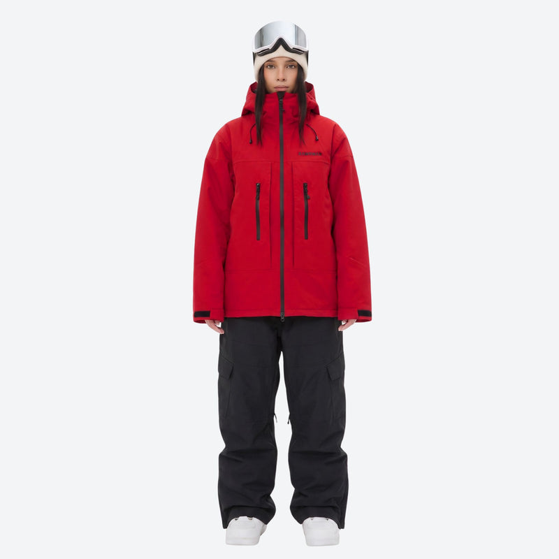 Unisex waterproof 3L snow jacket and pants series - red jacket with black pants, for cold-weather winter sports