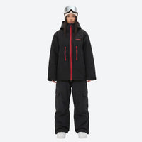 
                  
                    Unisex 3-layer snowboard jacket and pants - black jacket with black pants, for cold-weather winter sports
                  
                
