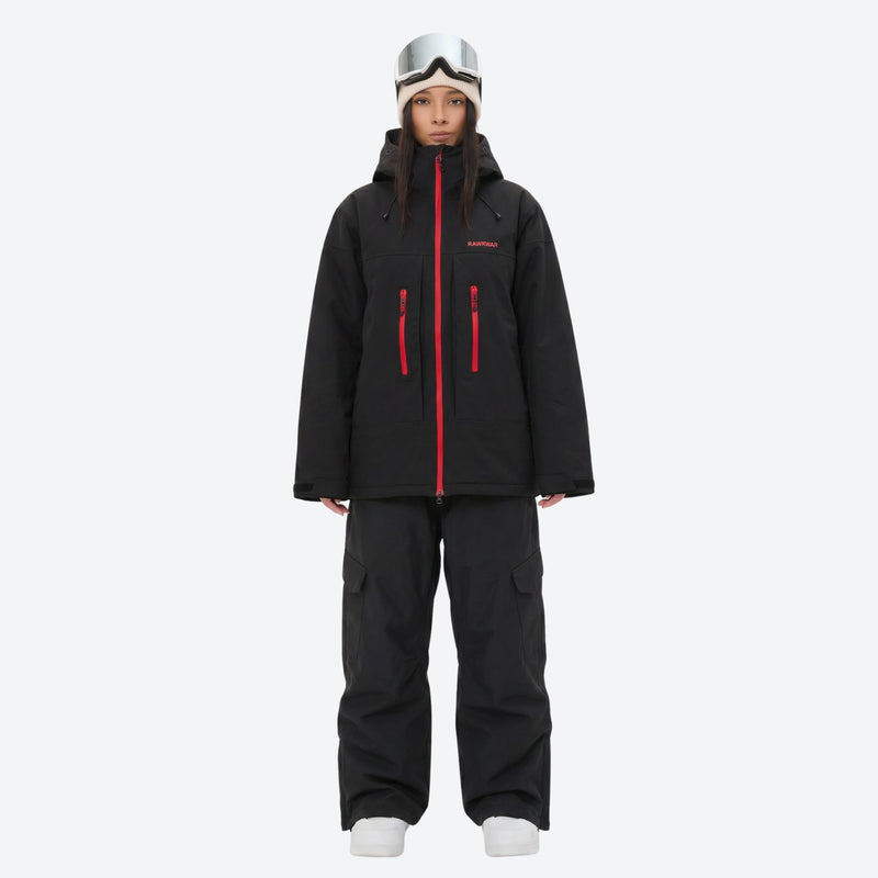 Unisex 3-layer snowboard jacket and pants - black jacket with black pants, for cold-weather winter sports