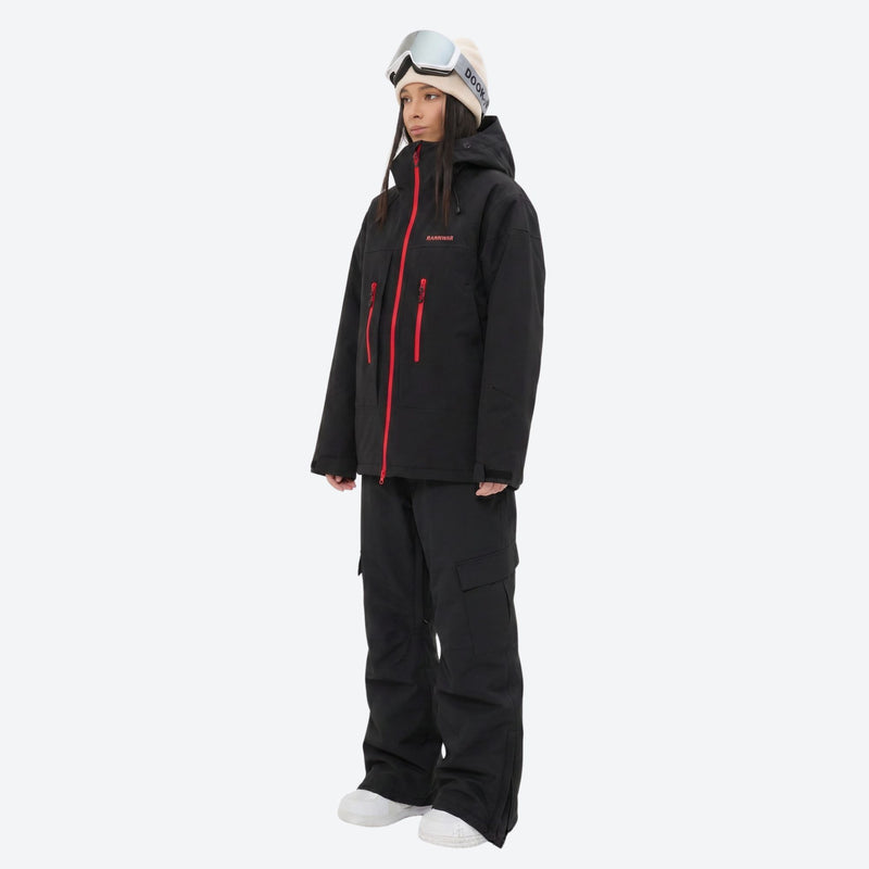 Unisex waterproof 3L snow jacket and pants series - black jacket with black pants, for skiing and snowboarding