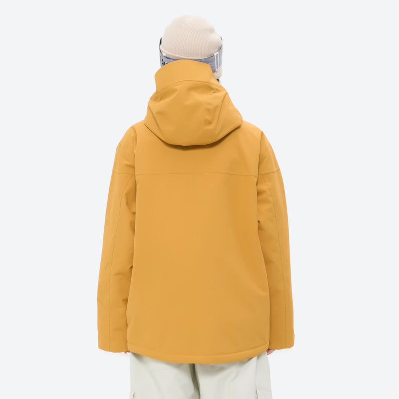 Breathable ski jacket with quilted lining - mustard yellow jacket, on-model back view, for powder and piste riding