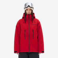 
                  
                    Breathable ski jacket with quilted lining - red jacket, on-model front view, for resort and backcountry days
                  
                