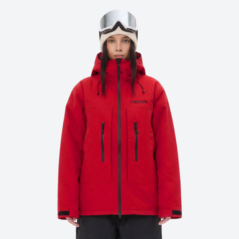 Breathable ski jacket with quilted lining - red jacket, on-model front view, for resort and backcountry days