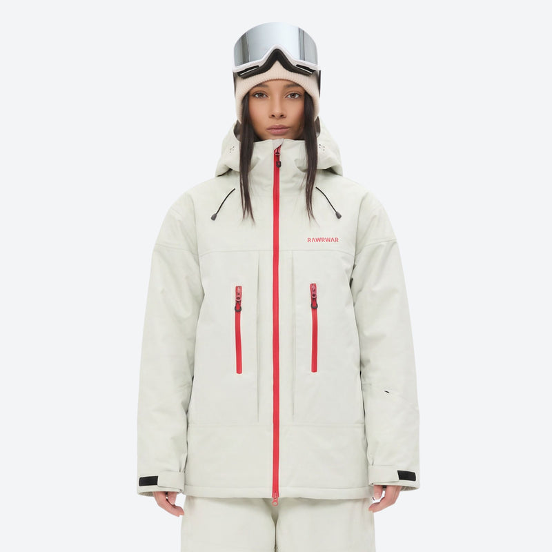 Breathable ski jacket with quilted lining - white jacket, on-model front view, for resort and backcountry days
