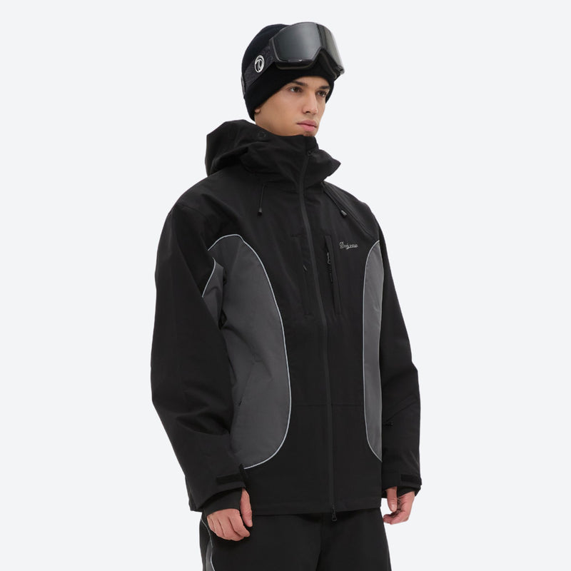 Men's waterproof 3L snow jacket and pants series - black gray colorblock jacket, for cold-weather winter sports