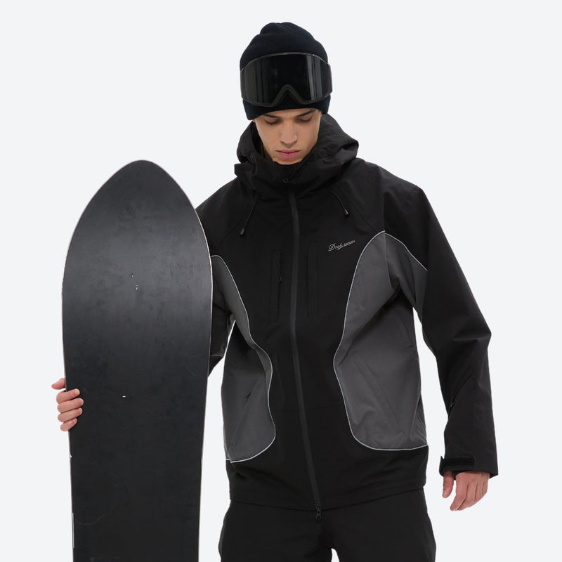 Men's breathable 3-layer colorblock ski suit - black gray colorblock jacket, for powder and piste riding