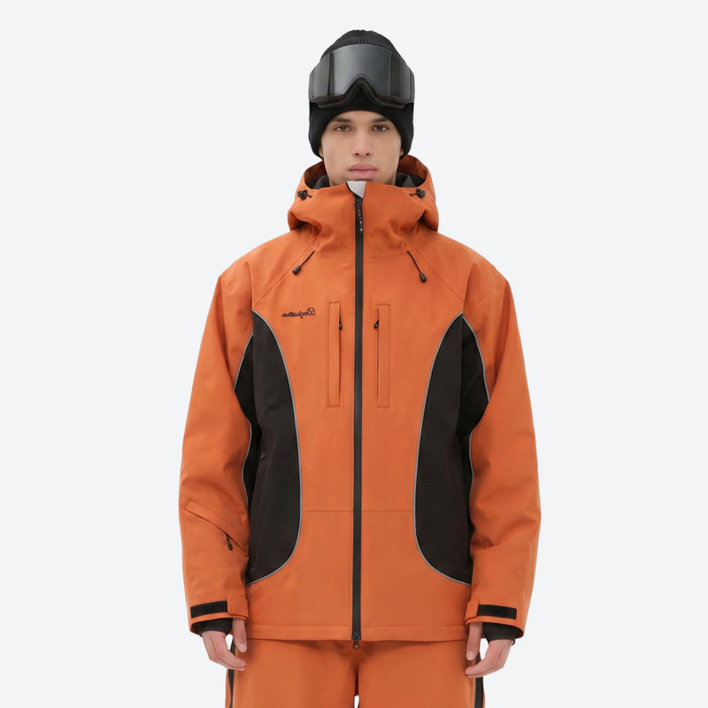 Men's waterproof 3L snow jacket and pants series - orange black colorblock jacket, for powder and piste riding