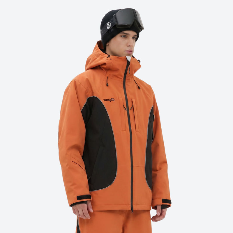Men's breathable 3-layer colorblock ski suit - orange black colorblock jacket, for cold-weather winter sports