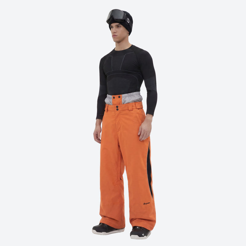 Men's waterproof 3L snow jacket and pants series - orange snow pants with black top, for resort and backcountry days