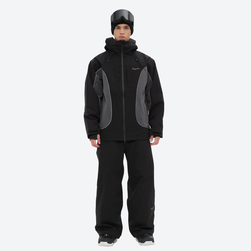 Men's 3L snowboard jacket with high-waist pants - black gray colorblock jacket with black pants, for powder and piste riding