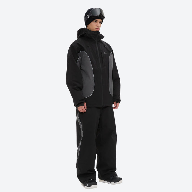 Men's breathable 3-layer colorblock ski suit - black gray colorblock jacket with black pants, for resort and backcountry days