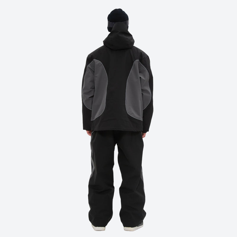 Men's waterproof 3L snow jacket and pants series - black gray colorblock jacket with black pants, on-model back view