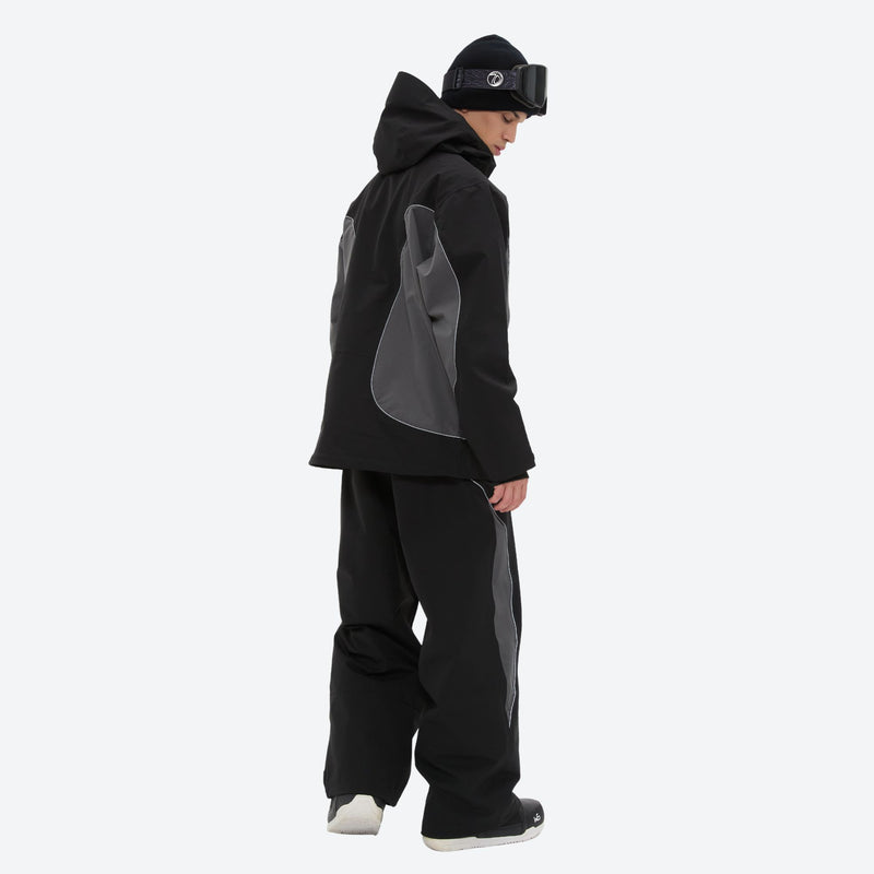 Men's breathable 3-layer colorblock ski suit - black gray colorblock jacket with black pants, for skiing and snowboarding