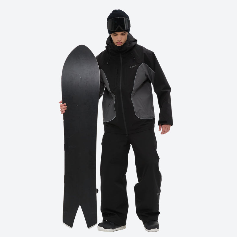 Men's 3L snowboard jacket with high-waist pants - black gray colorblock jacket with black pants