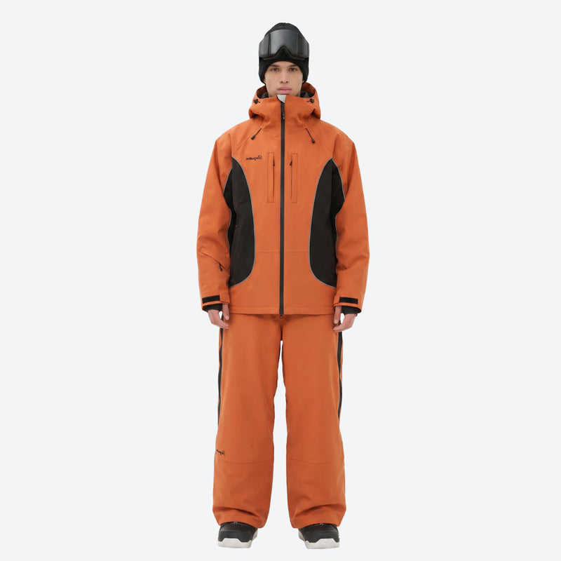 Men's breathable 3-layer colorblock ski suit - orange black colorblock jacket with orange pants, for powder and piste riding