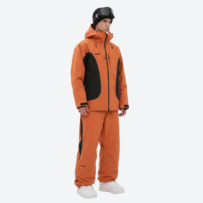 Men's 3L snowboard jacket with high-waist pants - orange black colorblock jacket with orange pants, on-model side view