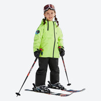 
                  
                    Kids snowboard jacket and pants with snow gaiters - neon green kids jacket with black pants, for snow play and winter commute
                  
                