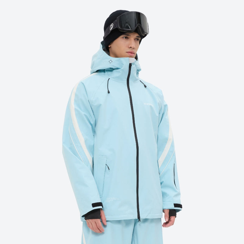 Men's 3-layer snowboard jacket and pants - ice blue, on-model three-quarter front view, for powder and piste riding