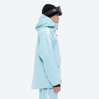 
                  
                    Men's waterproof 3L snow jacket and pants series - ice blue, on-model hood side view, for cold-weather winter sports
                  
                