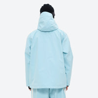 
                  
                    Men's gradient print breathable ski jacket set - ice blue, on-model back hood view, for skiing and snowboarding
                  
                