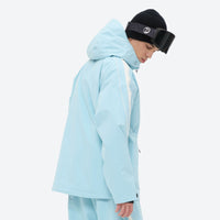 
                  
                    Men's 3-layer snowboard jacket and pants - ice blue, on-model hood side view, for resort and backcountry days
                  
                