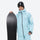 Men's 3-layer snowboard jacket and pants - ice blue, on-model front with upright snowboard, for cold-weather winter sports